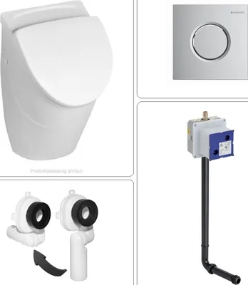 Produktbild von VILLEROY & BOCH O.NOVO Keramik Absaug Urinal mit Deckel, GEBERIT Rohbauset + Betätigungsplatte in chrom
