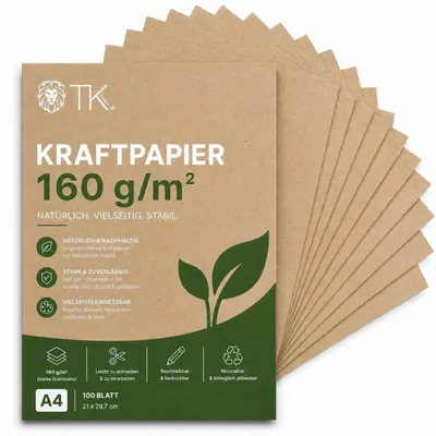 Imagen del producto de 100 hojas de papel kraft DIN A4, color marrón, fabricado con cartón natural, ideal para manualidades, cartón resistente y scrapbooking. Se puede imprimir