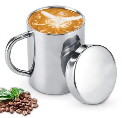 Produktbild von Edelstahl Kaffeebecher 220ml doppelwandig mit Griff und Deckel für kalte/heiße Getränke