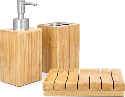 Produktbild von Navaris Badezimmer Set Bambus 3-teilig - dekoratives Badzubehör mit Zahnputzbecher, Seifenspender und Seifenschale - Bad Accessoires aus Bambus