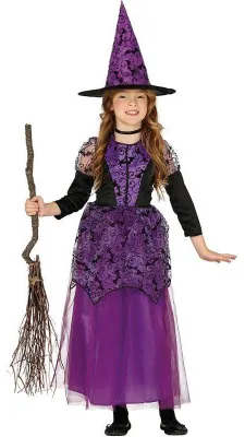Produktbild von Hexe Lila Zauberin Magisches Kostüm Halloween Kinder Märchen Verkleidung Hut Kleid Zauberwelt Abenteuer, Größe: 140/146 Farbe: Lila