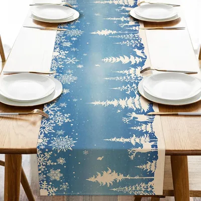 Produktbild von Winter Wonderland-Tischläufer, Kiefernbaum, Hirsch, Elch, Schneeflocke, Bauernhaus-Küchen-/Esstischdekoration, blaue Weihnachtsfeiertagsdekoration, saisonale Heimdekoration für drinnen und draußen, Partyzubehör, 33 x 183 cm