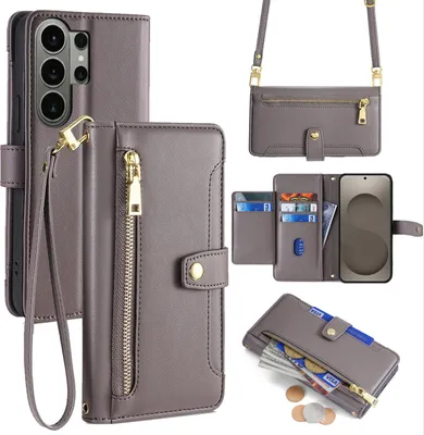 Produktbild von Handykette Samsung Galaxy S26 Ultra Hülle mit Band Handyhülle Kartenfächer Kunstleder Umhängetasche in Grau
