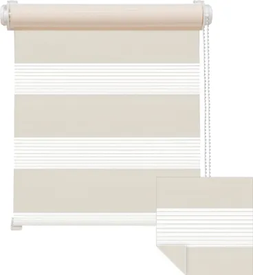 A roller blind with alternating opaque and sheer stripes, shown against a white background.