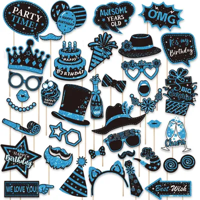 Fotobox-Requisiten Geburtstag, 38-teilig, schwarz-blau, Papier