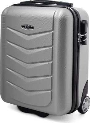 A studio shot of a silver carry-on suitcase.