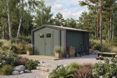 Produktbild von Gartenhaus Killarney, 350x300cm, Grüngrau, 28mm, KI-generiertes Bild
