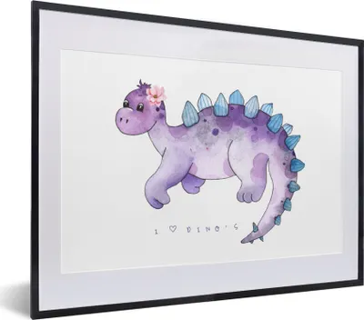 Produktbild von MuchoWow® Gerahmtes Poster Dinosaurier - Lila - Kinderzimmer - Mädchen - Kinder - Rosa - Kind 40x30 cm - Poster mit Schwarzem Bilderrahmen Wandposter Rahmen Foto Bilder - Bilderrahmen - Poster im Rahmen