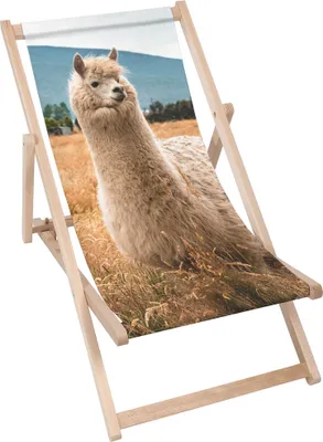 A wooden deck chair with a printed image of an alpaca in a field.