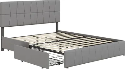 Obrázek produktu pro Rám postele (160 x 200 cm) s výškově nastavitelným čalouněným čelem, 4 zásuvky, šedý