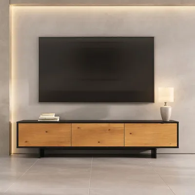 Produktbild von Lowboard ARTO 185 cm, Schwarz/Eiche Finish – moderne TV Konsole mit 3 Türen aus Kiefer Massivholz, schwebende Optik , Push-to-Open-Funktion, niedriges Lowboard mit Stauraum