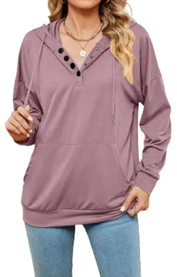 Productafbeelding van Buliezy Pullover, dames, hoodie, sweatshirt, knoopsluiting, capuchontrui, lange mouwen, V-hals