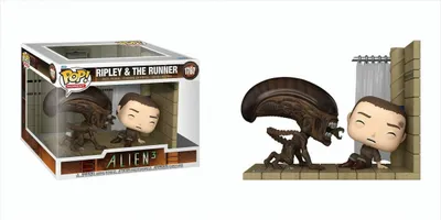 A Funko Pop! movie moment featuring Ripley and the Runner from Alien 3, shown both in its packaging and displayed outside of it.