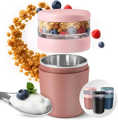 Produktbild von PromoHome® Müslibecher für unterwegs 650 ml - Edelstahl isoliert mit Löffel - Joghurtbecher für Brei, Müsli & Cornflakes - BPA-frei