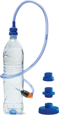 A water filter attachment for a plastic bottle, with various adapters.