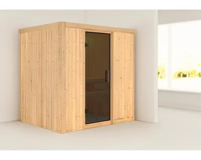 Produktbild von Elementsauna Karibu Bodina ohne Ofen und Dachkranz mit graphitfarbiger Ganzglastüre