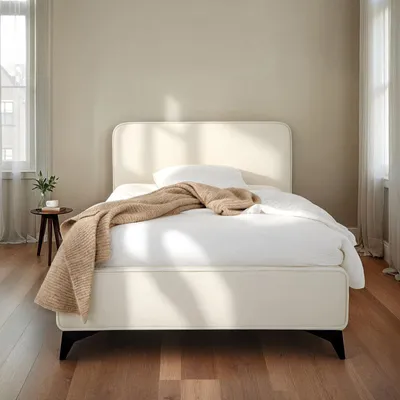 Produktbild von Polsterbett LAVORO Einzelbett 90x200, cremeweiß - Bett mit Lattenrost und Samtstoffbezug, Bettgestell mit gepolstertem Kopfteil, modernes Design, Robuster Holzrahmen & Metallbeine