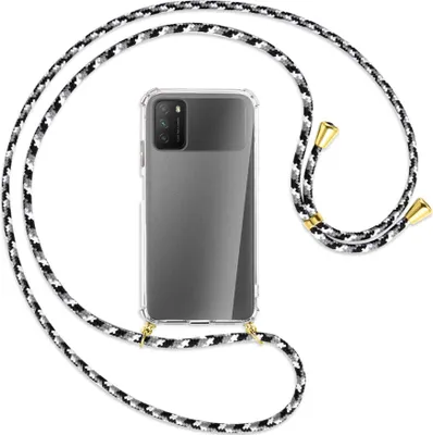 Produktbild von Handykette Backcover-Schutzhülle mit Band (Metall goldfarben) für Xiaomi Poco M3 - schwarz/grau/weiß