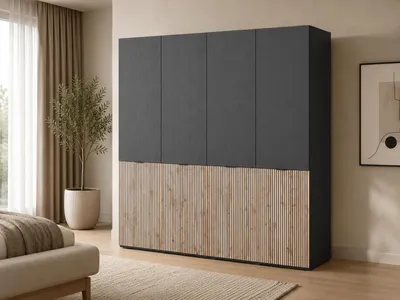 Produktbild von Drehtürenschrank, Falttürenschrank 4-türig Schrank mit Einlegeböden und Kleiderstange, Schlafzimmer  - Schrank Minewra 200 - Schwarz + Sento