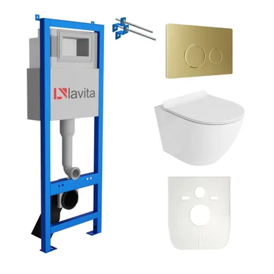 Produktbild von Lavita LAV 101 Vorwandelement für WC 40cm + Wand Hänge Tiefspül WC SOFI SLIM Weiß Spülrandlos + Bedienplatte LAV 200.4.5 Gold | Komplettset | Unterputz Spülkasten | Toilette Komplett Sett