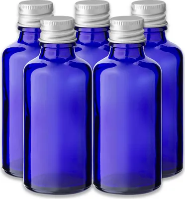 Produktbild von 5x Blaue Glasflasche 50 ml mit silbernem Aluminium Schraubverschluss
