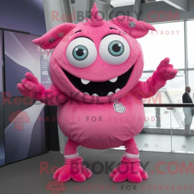 Produktbild von Maskottchenfigur REDBROKOLY eines rosa Dämons mit Overall und Schalklammern