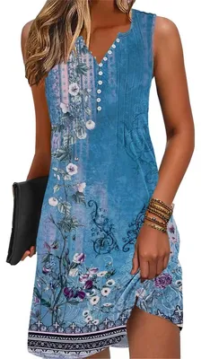 Zdjęcie produktu dla Letnia sukienka w stylu boho - sukienka plażowa - dekolt w kształcie litery V - bez rękawów - wzór kwiatowy - oddychający materiał - luźny/dopasowany krój