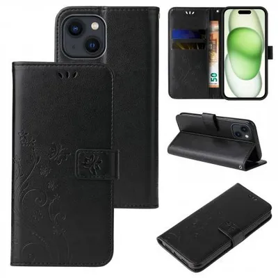 Produktbild von Kunstleder Flip-Hülle Floral für Apple iPhone 15 Serie - Farbe: Schwarz - Modellkompatibilität: Für Apple iPhone 15