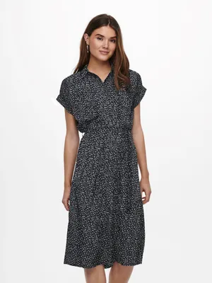 Produktbild von Bindegürtel Blusenkleid Midi Kurzarm Tunika Dress Knopfleiste Locker | 36