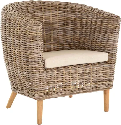A single rattan armchair with a beige cushion, shown against a white background.