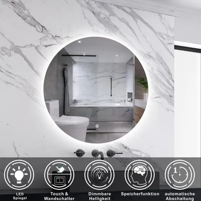 Produktbild von LED Badspiegel Rund 60cm mit Touch/Wandschalter Kaltweiß Dimmbar Memory-Funktion Hinterbeleuchtung Wandspiegel IP44