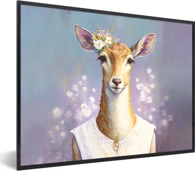 Produktbild von MuchoWow® Gerahmtes Poster Hirsche - Blumen - Gemälde - Porträt - Tiere 80x60 cm - Poster mit Schwarzem Bilderrahmen Wandposter Rahmen Foto Bilder - Schwarzem - Mit Gestell