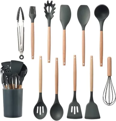 Image de Ensemble d'ustensiles de cuisine en silicone avec manches en bois