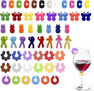 Image de Marqueurs en verre - 54 pièces de marqueurs en verre - Marqueurs à vin en silicone - Marqueurs pour verres à vin - Tasses et verres