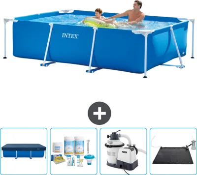 Produktbild von Intex-Schwimmbecken mit rechteckigem Rahmen – 260 x 160 x 65 cm – Blau – im Lieferumfang enthalten Abdeckung - Wartungspaket - Filterpumpe für Schwimmbad - Solarmatte