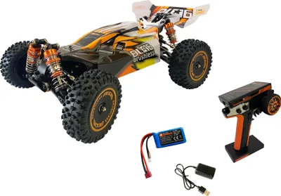 A remote-controlled buggy and its accessories are displayed on a white background.