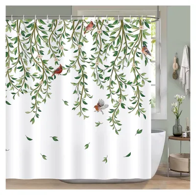 Produktbild von Duschvorhang 183 x 183 cm mit grünen Blättern, Vögeln und Blumen