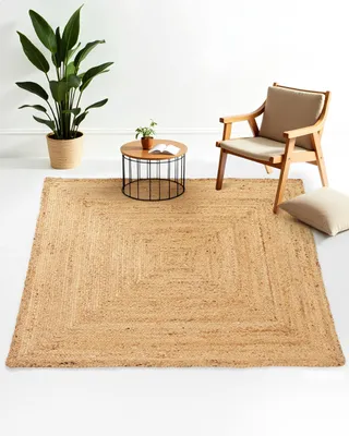 Image de carpetfine Tapis Jute Nele carré couleur naturelle beige 200x200 cm tissé à la main en Jute | Tapis naturel moderne uni de style boho pour salon et chambre.