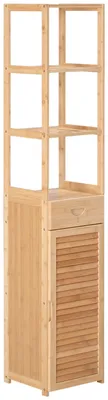 Zdjęcie produktu dla Wąska szafka łazienkowa z bambusa z półkami i szufladą | Kolor: Brązowy | Wymiary: 30x32x163 cm