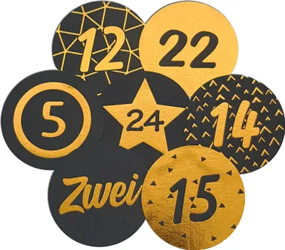 Produktbild von 24 Adventskalenderzahlen AUFKLEBER schwarz matt,gold, Durchmesser 4 cm / Sticker, Weihnachten, Adventskalender, DIY Kalender, Kindergeburtstag, Aufkleber Kinder,Junge, Mädchen