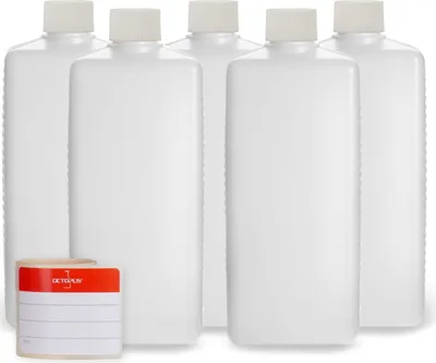 Image de 5 bouteilles en plastique carrées de 500 ml en PEHD avec bouchons à vis blancs