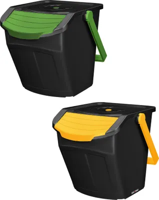 Two black trash bins with different colored lids (green and yellow) are shown against a white background.