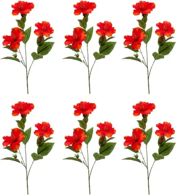 Produktbild von 6er Set künstliche Hibiskuszweige mit 3 Blüten rot H. 82cm Emerald Kunstblumen