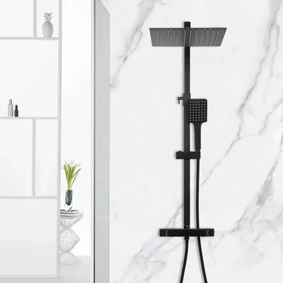 Immagine prodotto di Set doccia termostatico - Sistema doccia - Altezza regolabile - Soffione quadrato - Acciaio inox - Doccetta estensibile - Nero