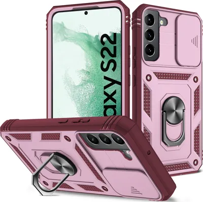 Produktbild von Galaxy S22 5G Hülle, Schiebe Kamera Schutz Robust Rüstung Stoßfest Schutzhülle mit Ringhalterung Ständer Kartenhalter für Samsung Galaxy S22 5G Orange