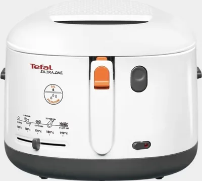 A white and gray Tefal deep fryer is shown against a light gray background.