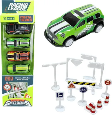 Produktbild von Spielzeugauto Set mit 4 Autos inkl. Verkehrsschilder - 17 teilig