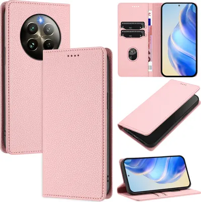 Produktbild von Litchi Leder Handyhülle für Realme 13 4G/Realme 12+/Realme Narzo 70 Wallet Kartenfächer Standfunktion Hülle Pink