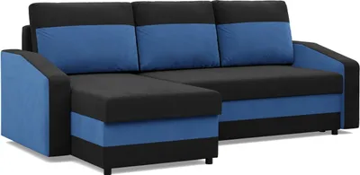 A sectional sofa with black and blue upholstery.