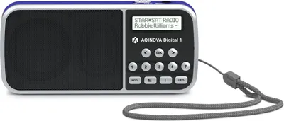 A digital radio with a strap attached.